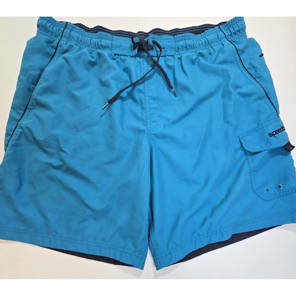 Speedo Swim Trunks Mens Large Blue Elastic Waist Pockets Drawstring